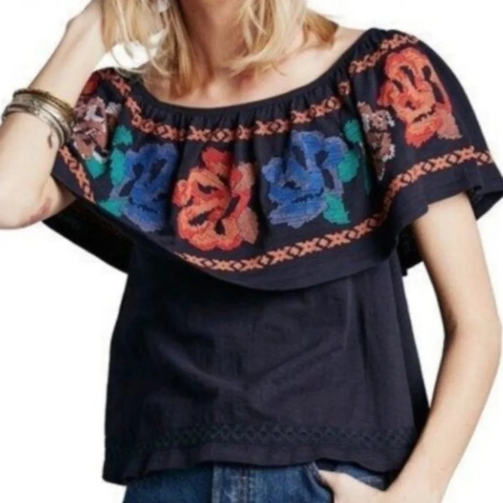 Free People To The Left Embroidered Off The Shoulder Top Sz Small